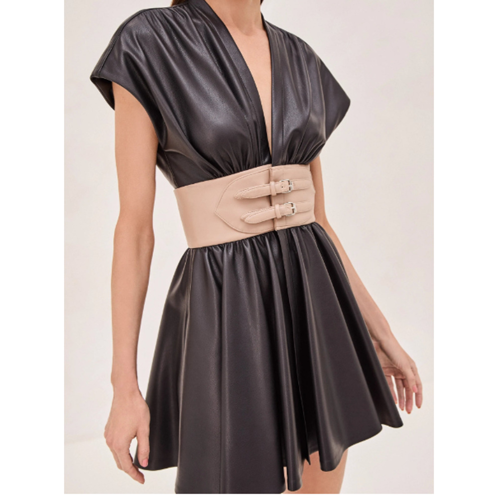 Alexis Berlin Vegan Leather Mini Dress with Contrast Belt Black Women's Medium